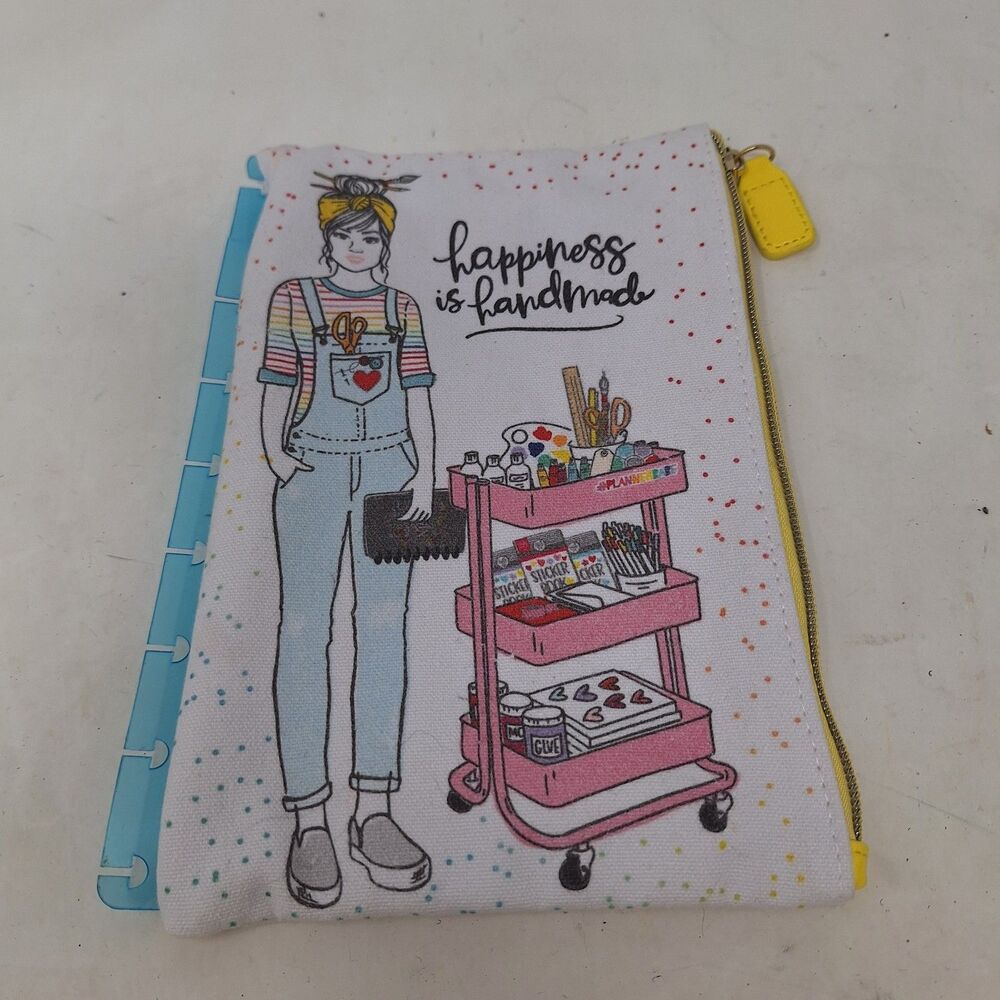 Happy Planner Girl Happiness Is Handmade Binder Pencil Case Pouch White Blue